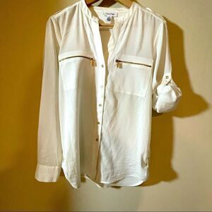 Calvin Klein white flowy nautical blouse with gold buttons and roll up sleeves